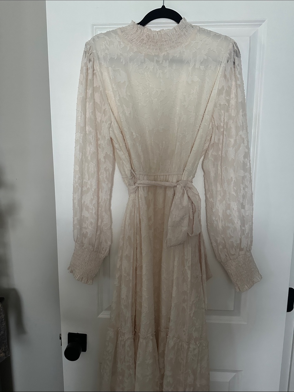 Amazon Cream Floral Textured Maxi Dress with Smocked Neck and Waist Tie
